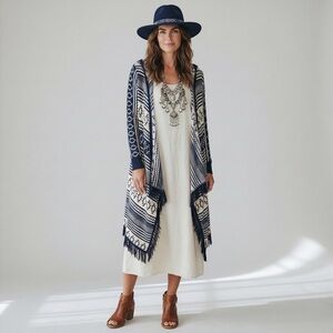 Mia Maddison Boho Fringe Open Cardigan shawl Navy Cream Southwest Aztec print